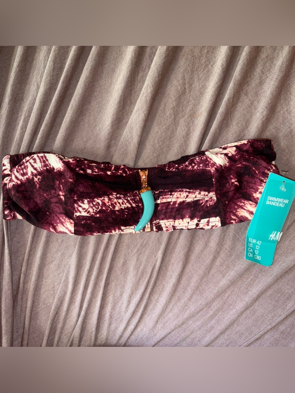 H&M Bandeau Swim Top - Maroon and Cream Tie-Dye with Turquoise Tag